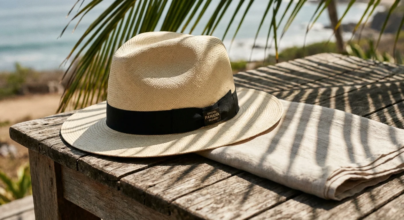 A classic Panama hat on a wooden table with soft palm leaf shadows.