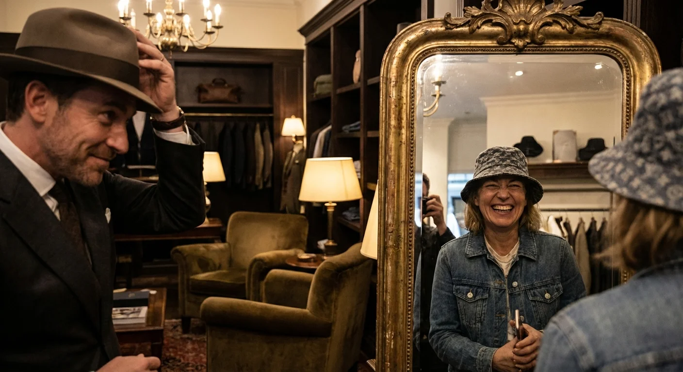 A man and woman reflecting their personal styles through their hat choices.