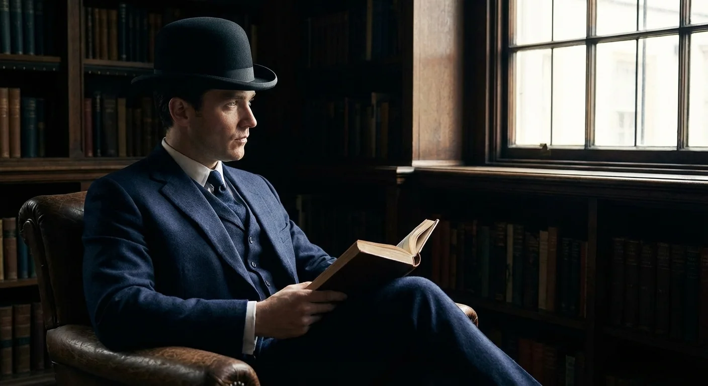 A man in a formal navy suit wearing a classic black Derby or Bowler hat.