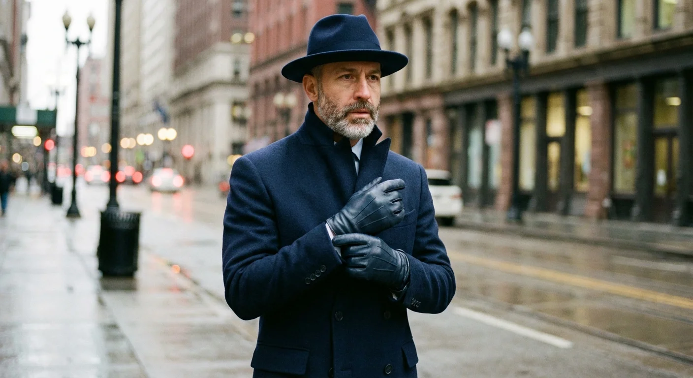 A man in a navy blue coat and matching fedora hat adjusting his gloves.