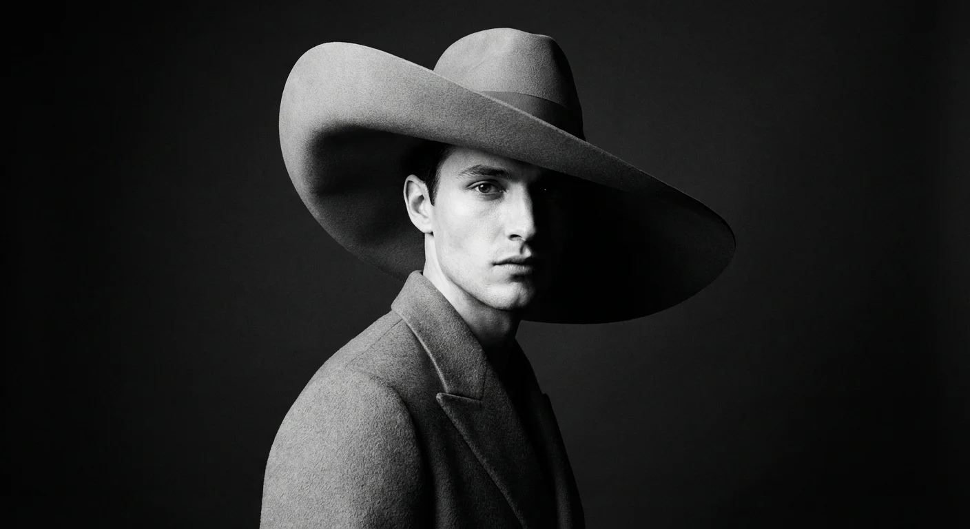 A man wearing a classic wide-brimmed Fedora hat in a studio setting.