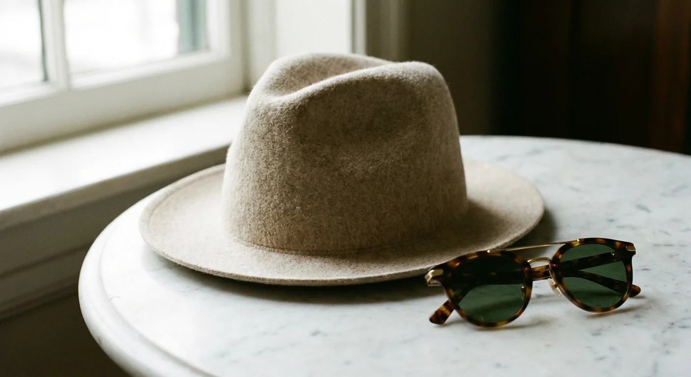 A premium wool felt Fedora hat displayed on a table.
