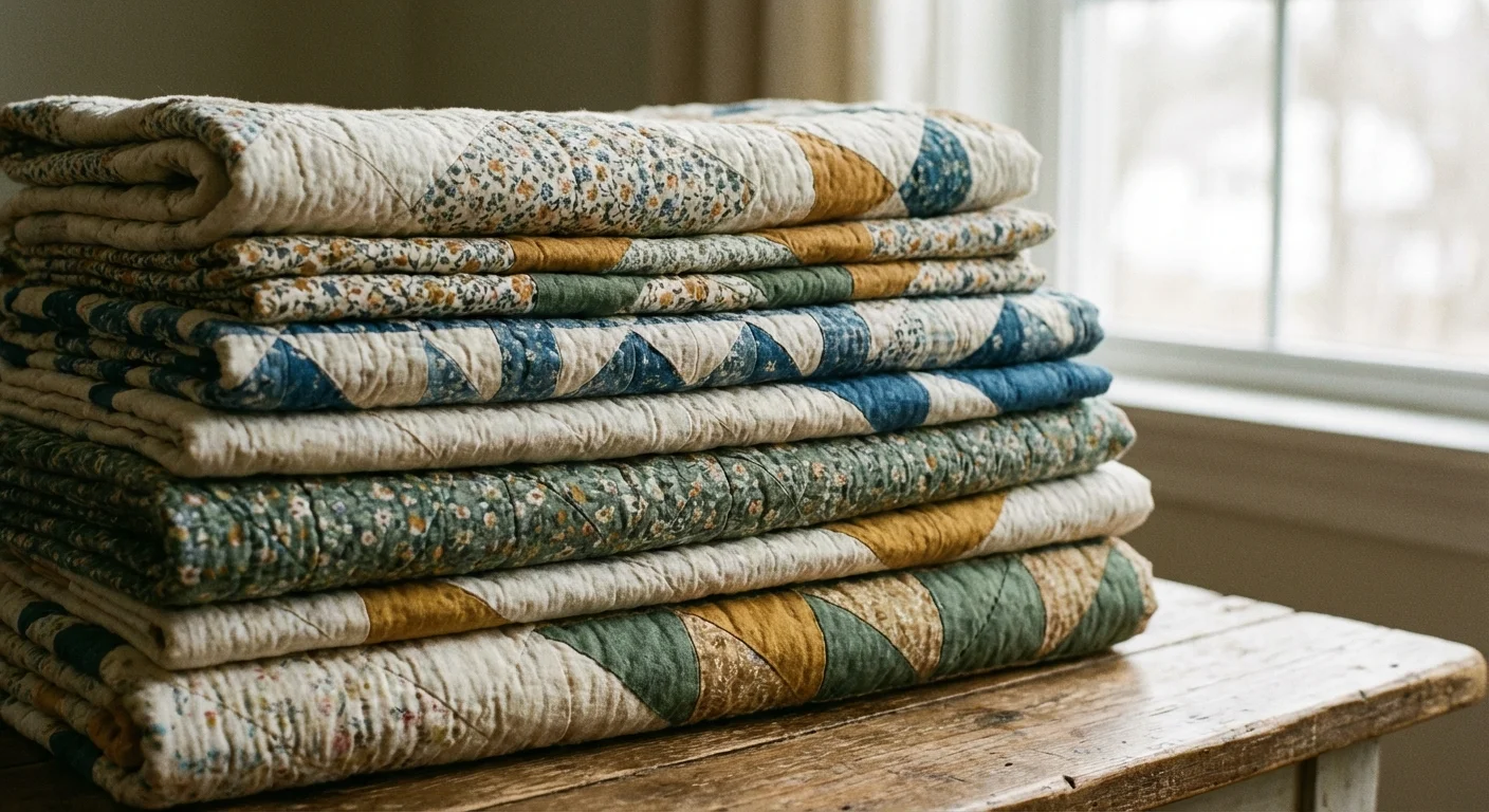 A stack of folded quilts with various patterns and textures in soft light.