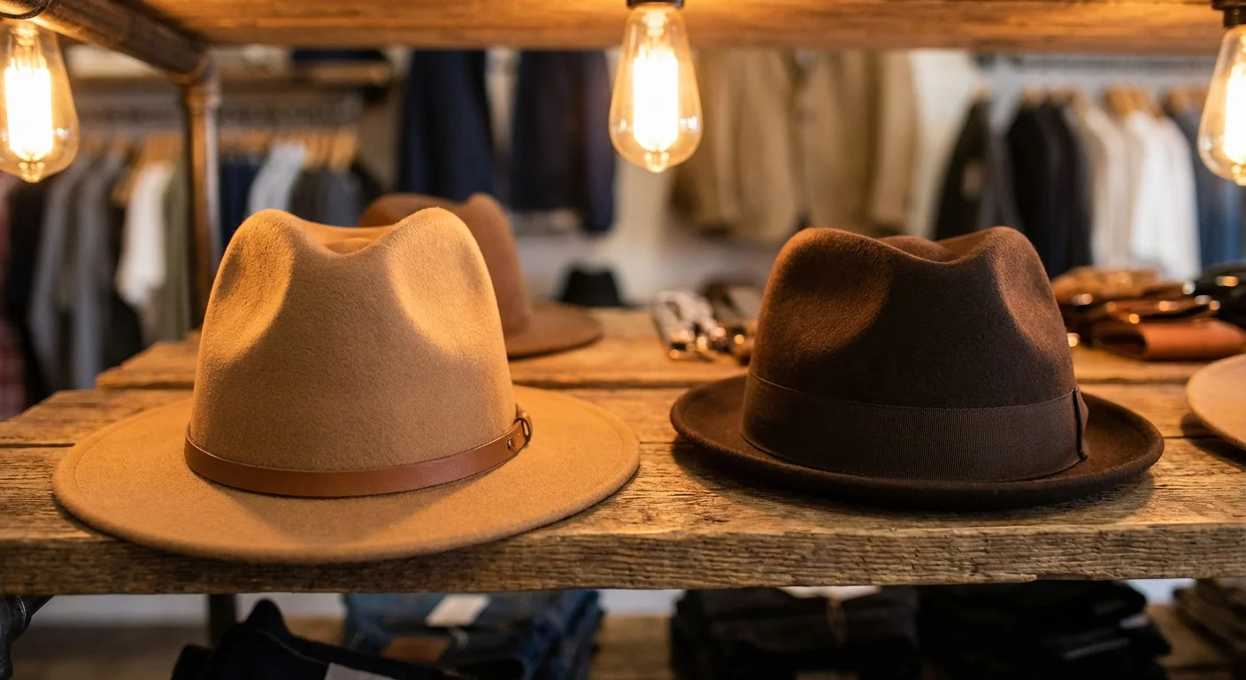 A wide-brimmed fedora next to a short-brimmed trilby hat on a shelf.
