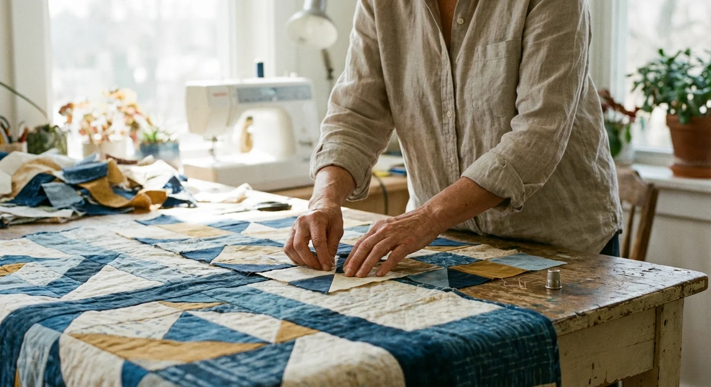 A woman arranging fabric patches for a quilt in a bright studio.