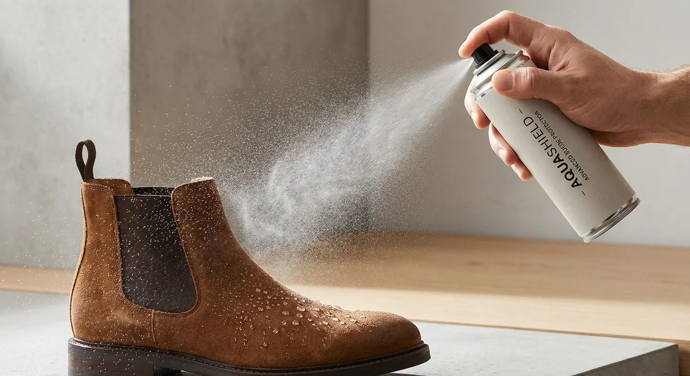 Aplicarea unui spray impermeabilizant pe o ghetă din piele întoarsă.