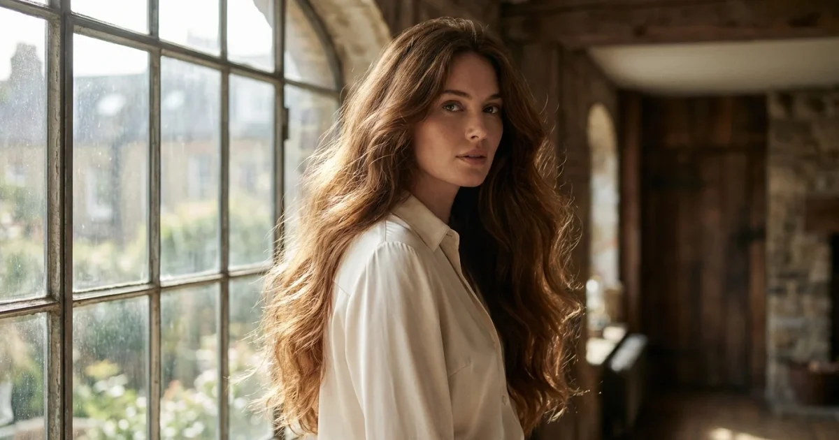 Woman with long, elegant chestnut hair wig in a sunlit room.