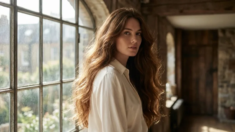 Woman with long, elegant chestnut hair wig in a sunlit room.