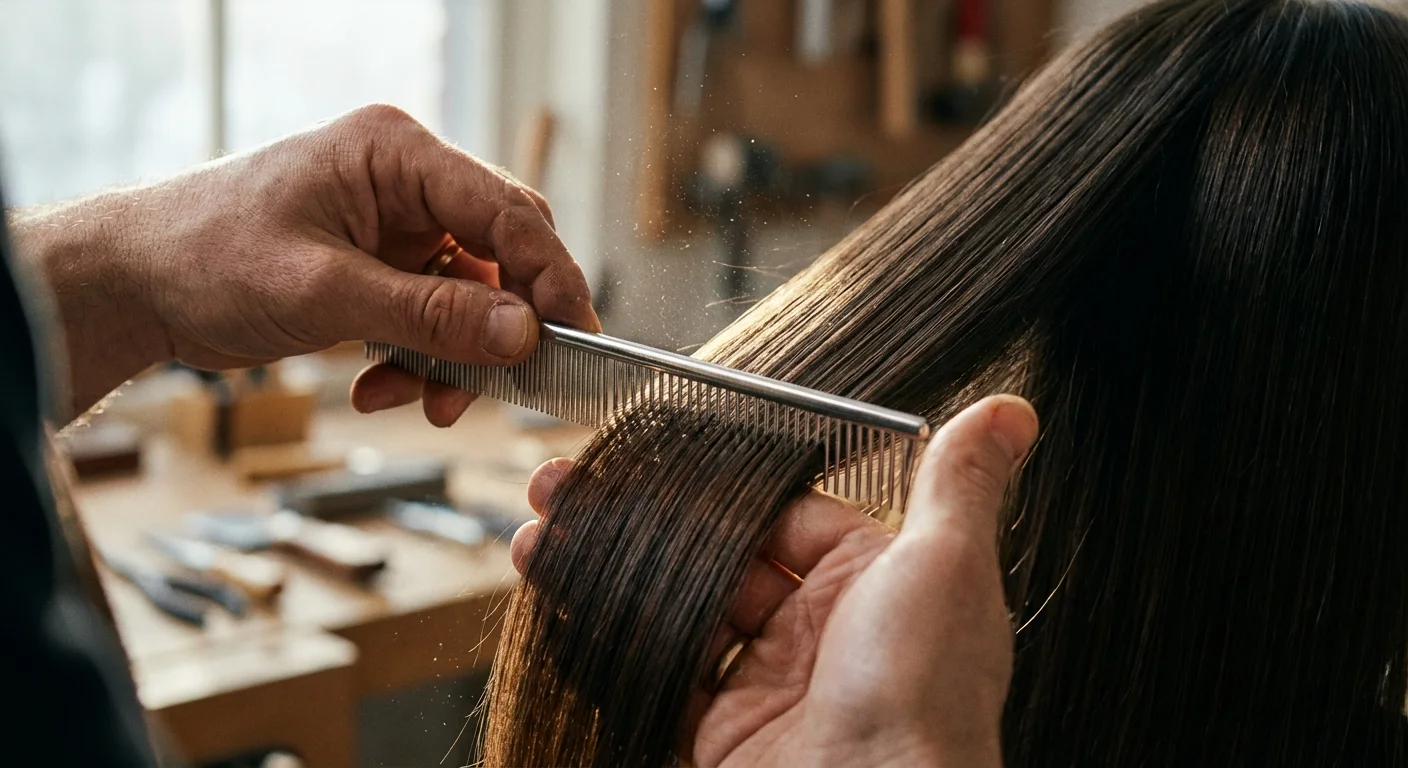 Artisan hands combing and sorting long hair strands in a sunlit workshop.