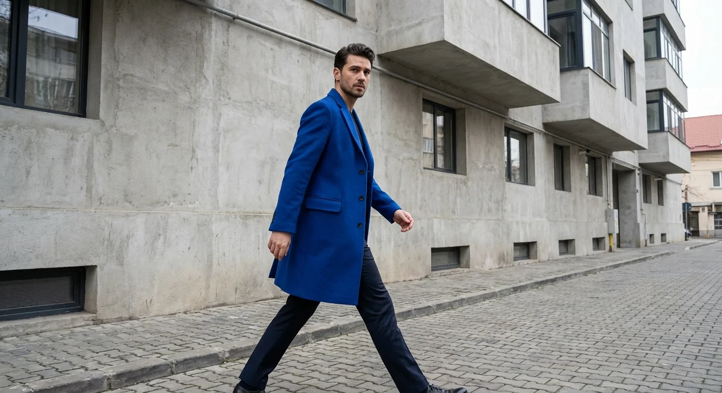 Bărbat purtând un palton albastru cobalt vibrant pe o stradă modernă din România.
