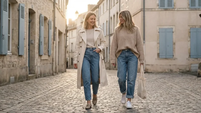 Two women modeling Mom jeans and Boyfriend jeans on a sunny street.