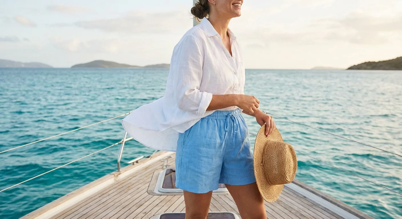 Breathable sky blue linen shorts worn on a boat deck with ocean background.