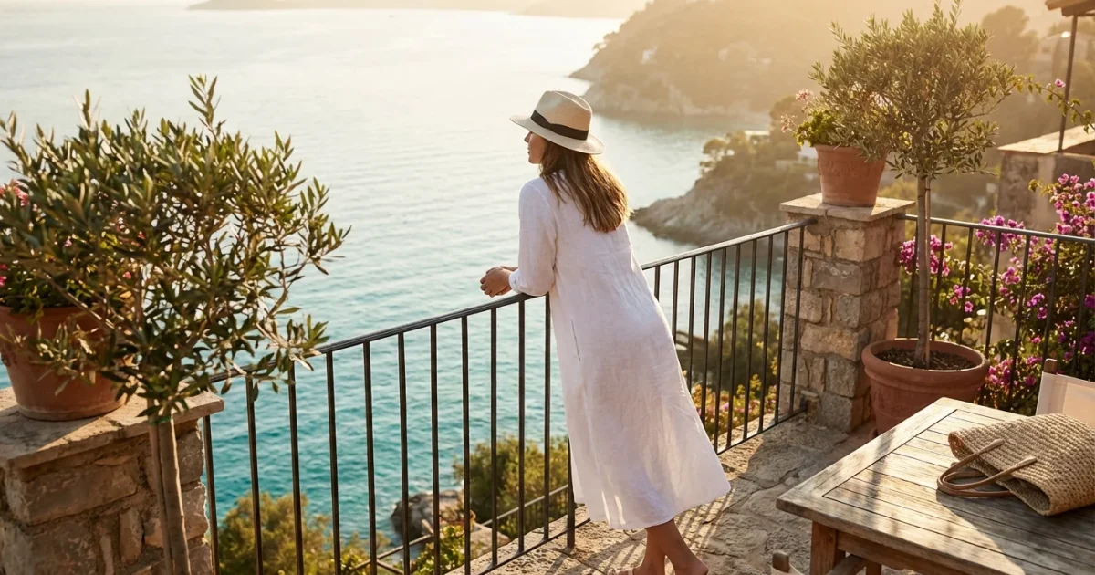 Elegant woman wearing a Panama hat on a sunny balcony overlooking the sea.