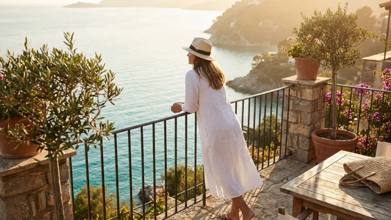 Elegant woman wearing a Panama hat on a sunny balcony overlooking the sea.