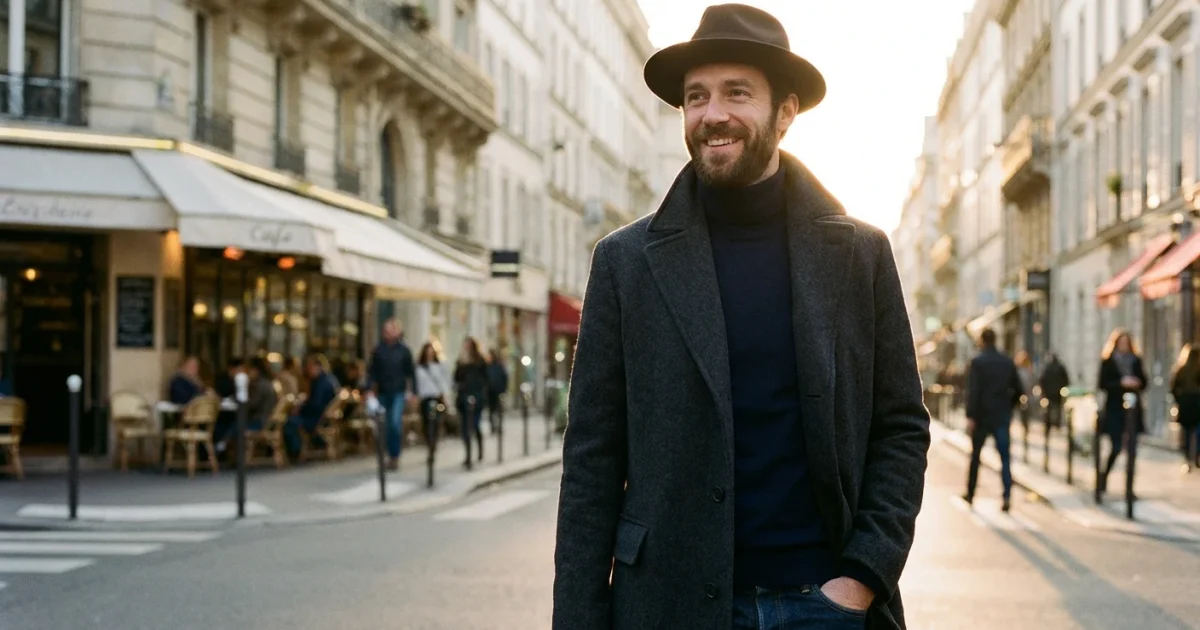 Stylish man wearing a brown pork pie hat and charcoal coat on a sunny city street.