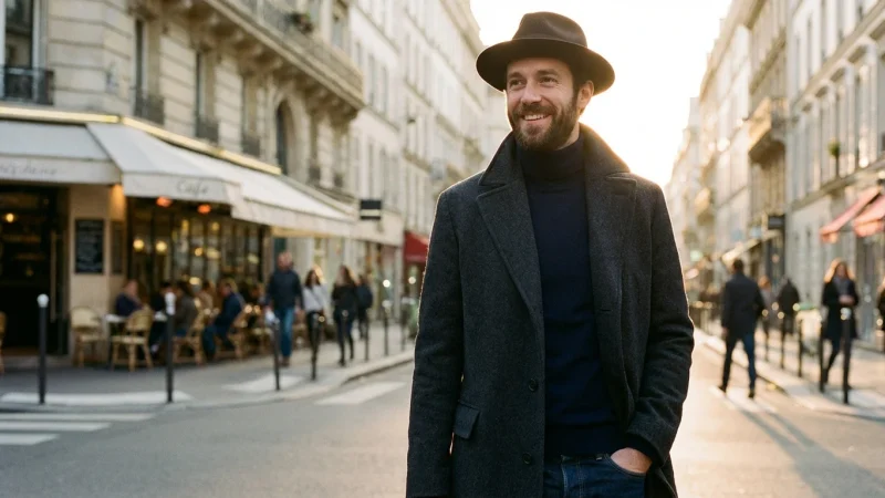 Stylish man wearing a brown pork pie hat and charcoal coat on a sunny city street.