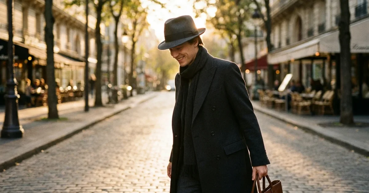 A stylish person in a tailored coat and charcoal Trilby hat walking on a sunlit street.