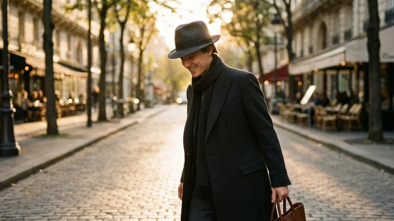 A stylish person in a tailored coat and charcoal Trilby hat walking on a sunlit street.