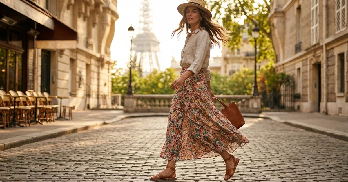 Woman in floral maxi skirt and sandals walking on a sunlit European street.