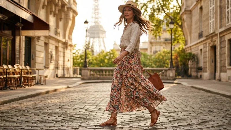 Woman in floral maxi skirt and sandals walking on a sunlit European street.