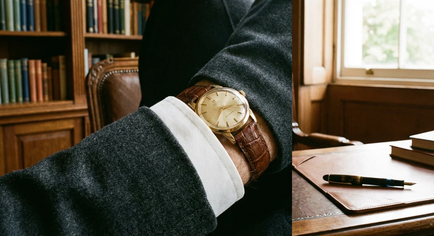 Ceas clasic Orient Bambino sub manșeta unei cămăși albe, stil elegant de afaceri.