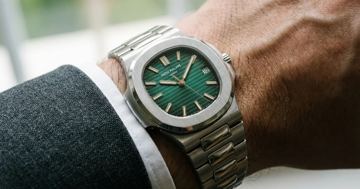 Ceas de lux cu cadran verde smarald și brățară din oțel, purtat la un costum gri elegant.