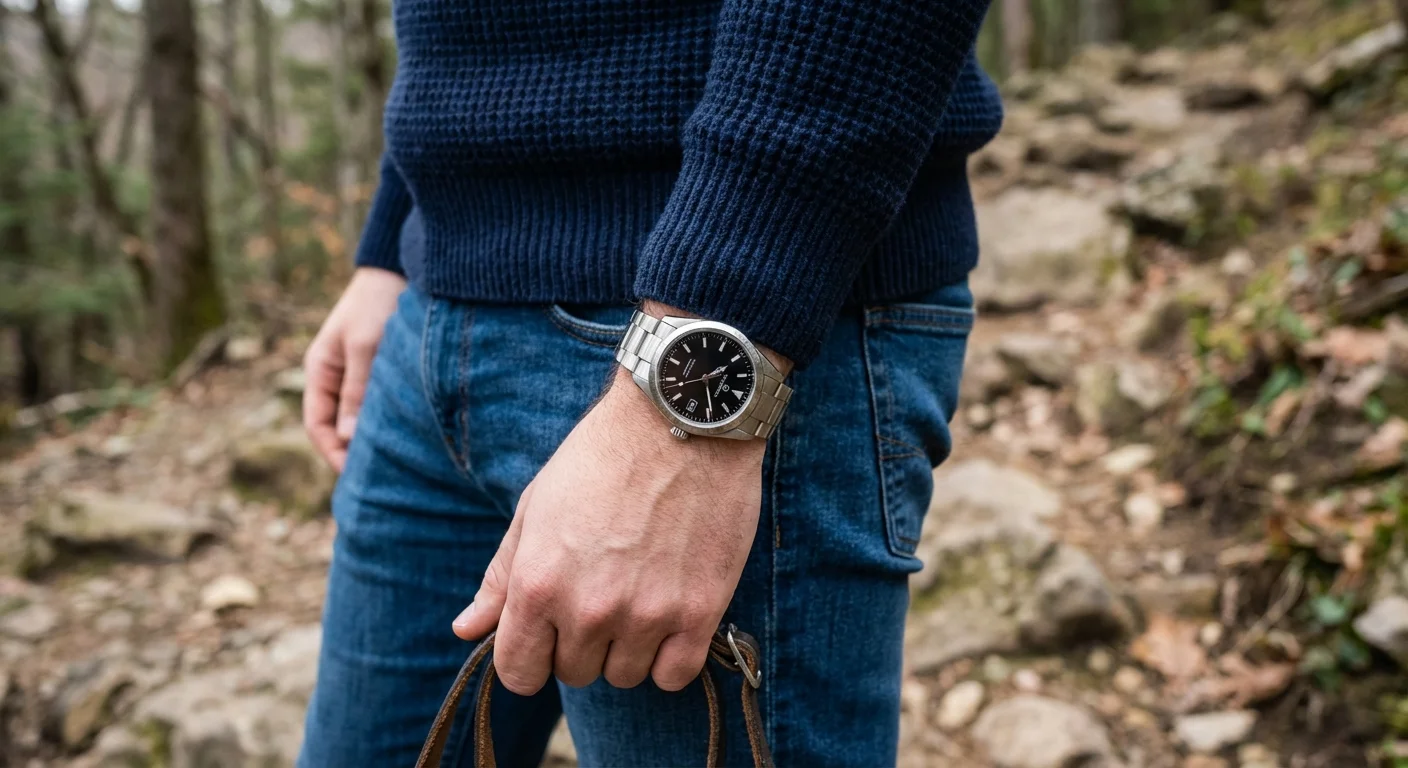Ceas Seiko 5 Sports purtat cu o ținută casual de zi, într-un cadru exterior relaxat.