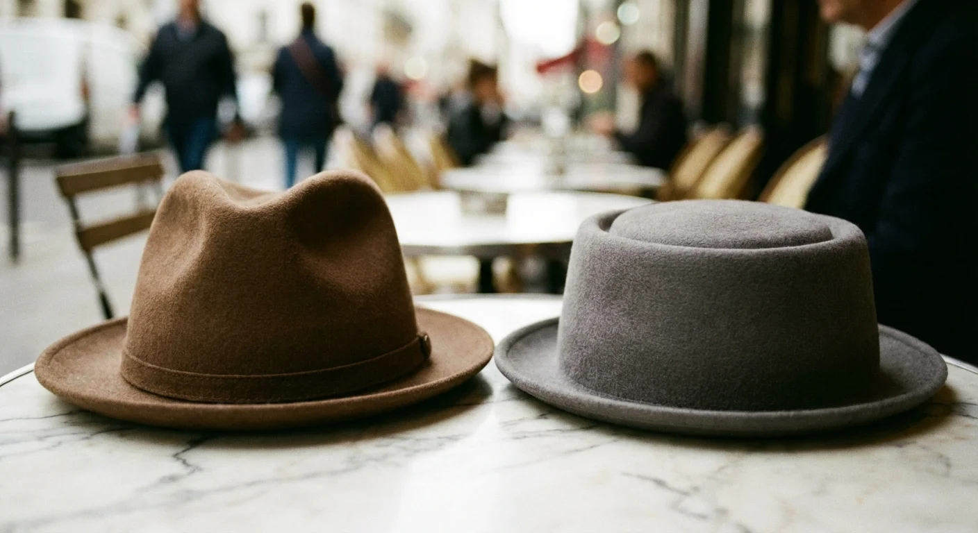 Close-up comparison of a Fedora crown and a Pork Pie hat crown.