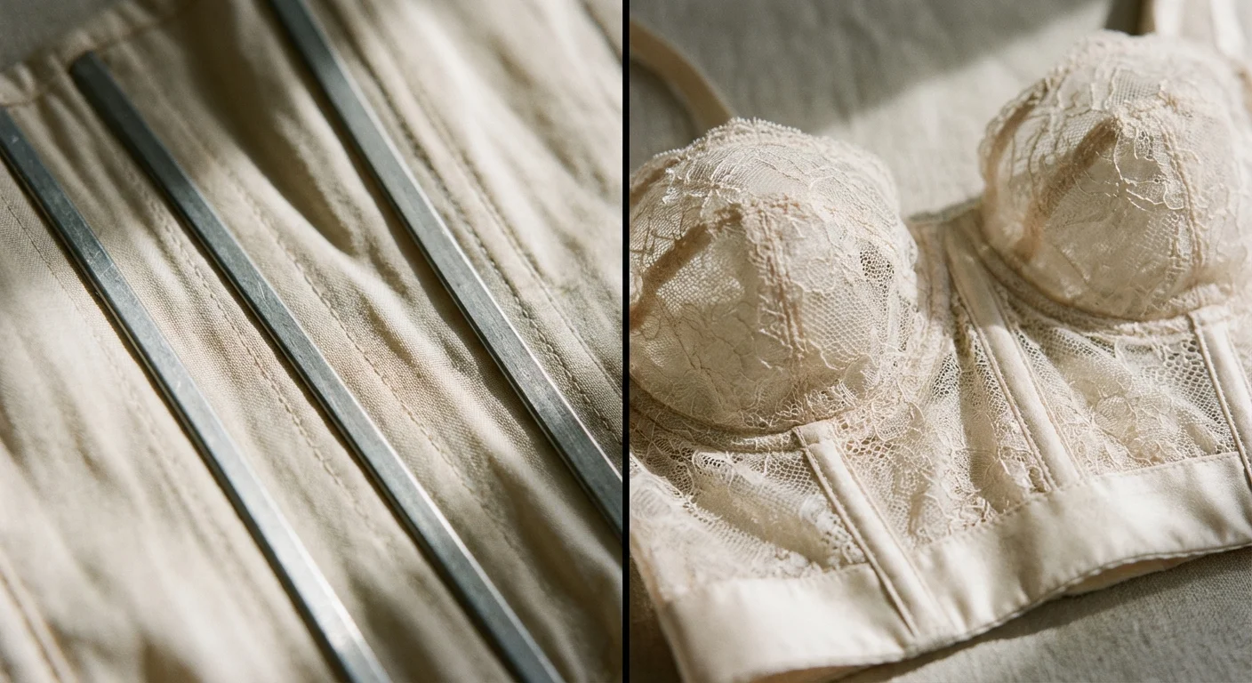 Close-up comparison of corset boning versus bustier lace cups and underwire.