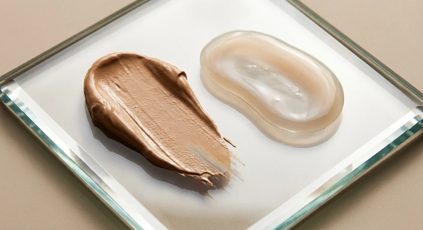 Close-up cu textura densă a unui fond de ten versus textura fluidă a unui BB Cream pe o paletă de sticlă.