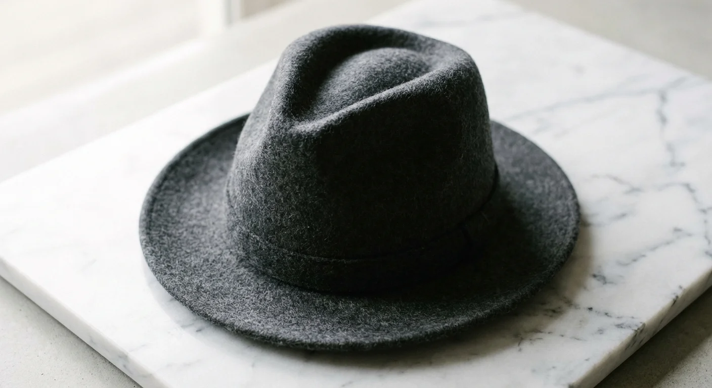 Close-up of a high-quality charcoal grey felt fedora hat on a marble surface.