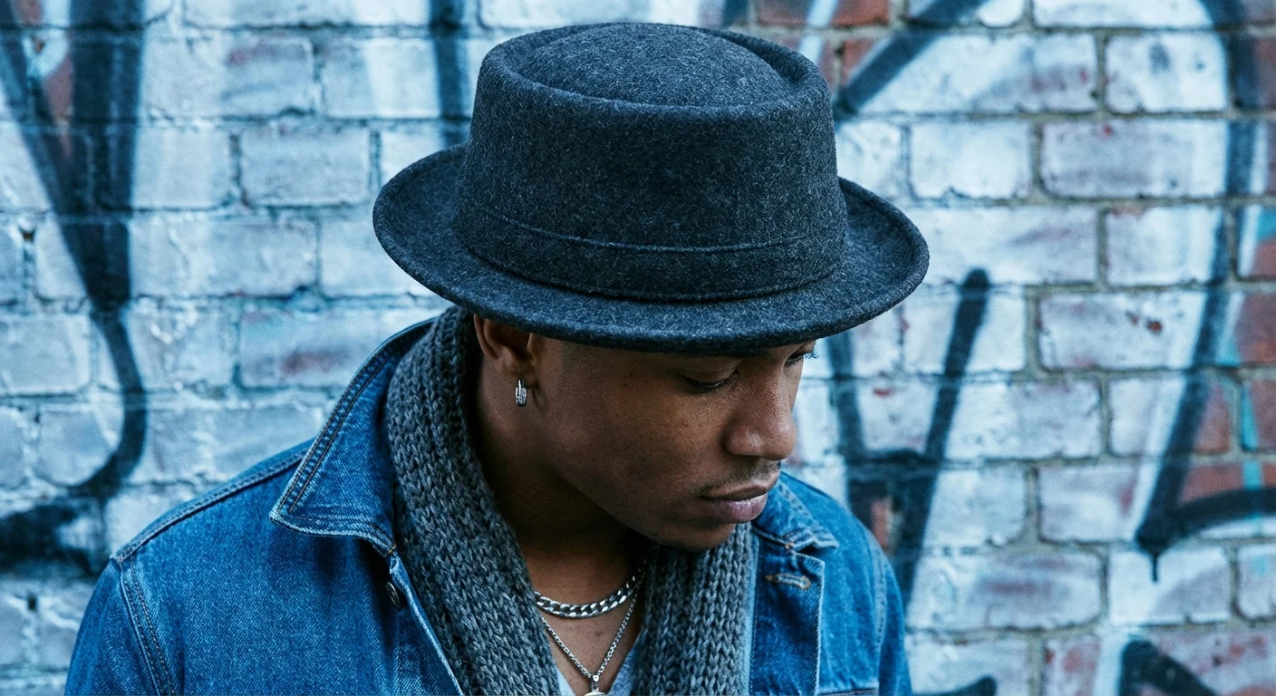 Close-up of a Pork Pie hat featuring its unique flat crown.