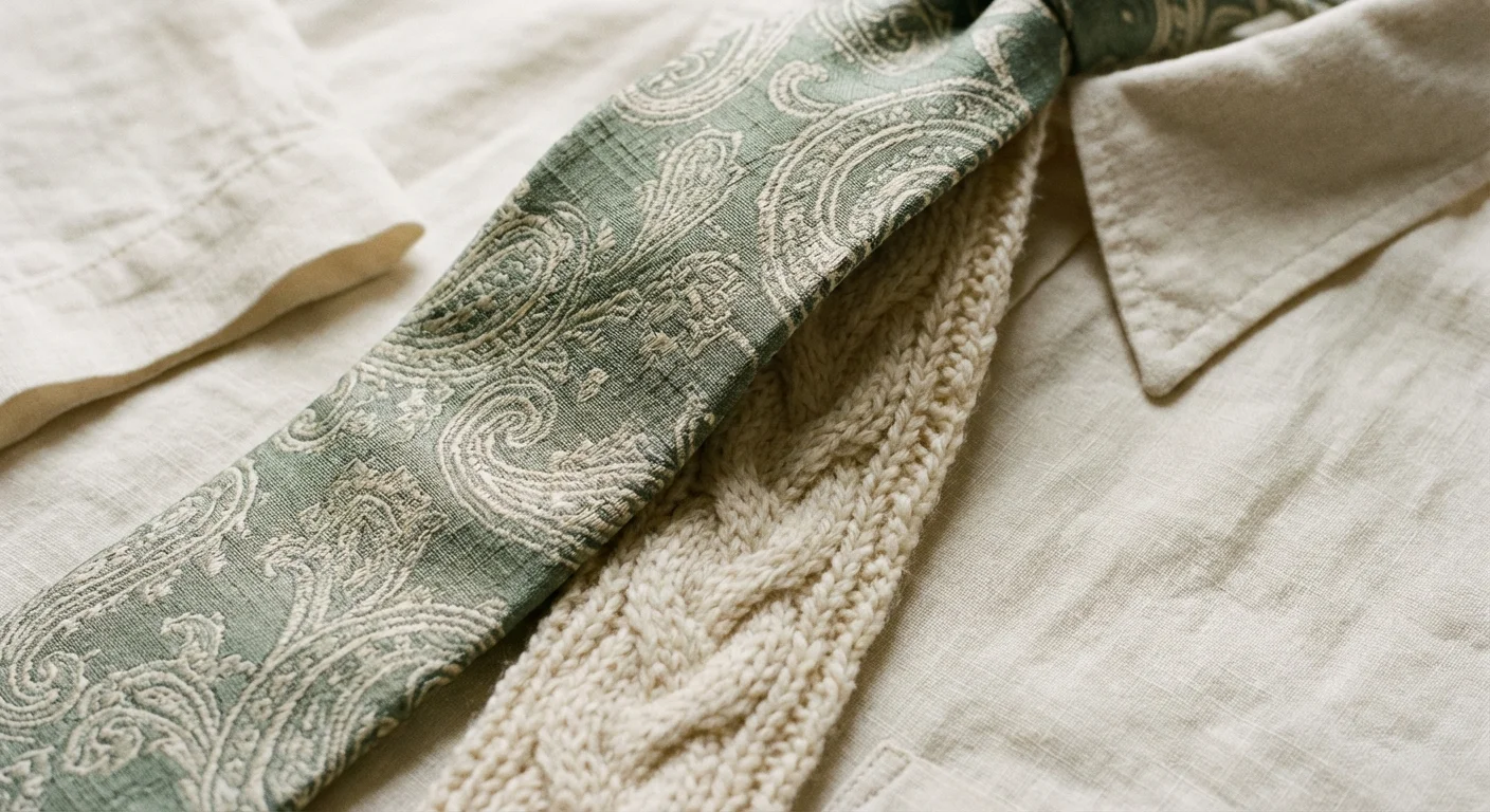 Close-up of different textured ties on a shirt collar.