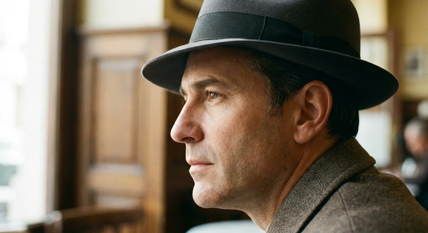 Close-up of hair styled neatly under a hat brim.