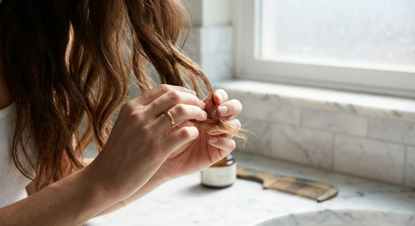 Close-up of hands inspecting hair ends in a mirror.