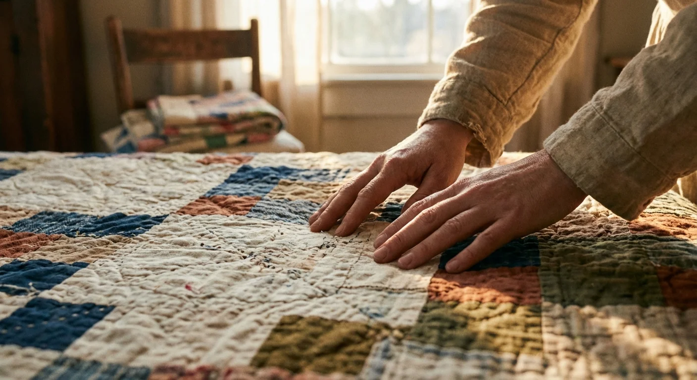 Close-up of hands touching the stitching of a handmade patchwork quilt.
