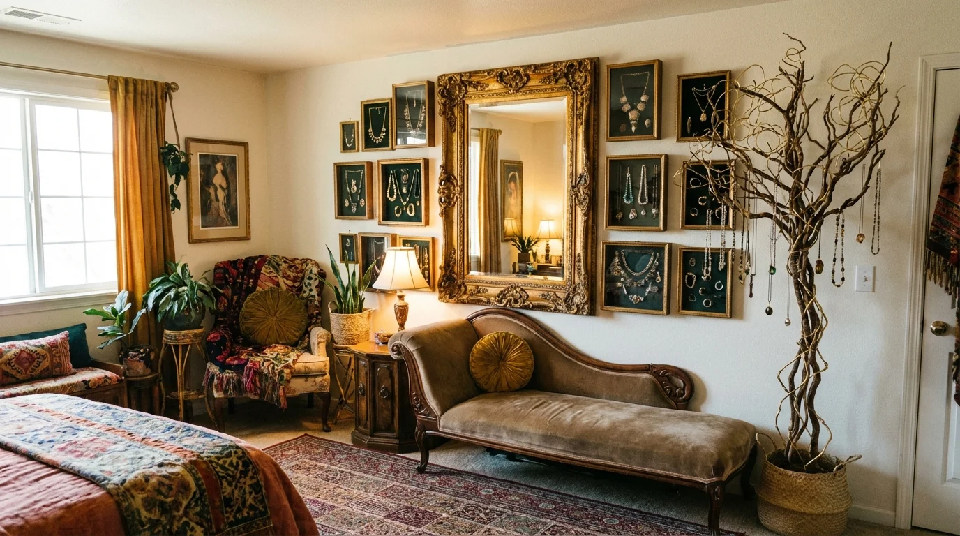 Colț de cameră decorat estetic cu bijuterii expuse ca elemente de design interior.