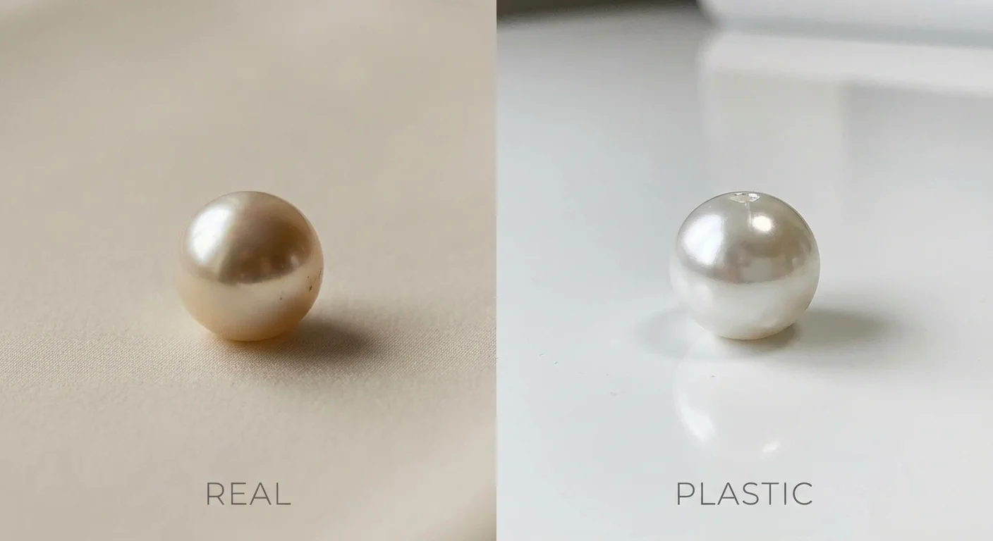 Comparație directă între luciul unei perle reale și strălucirea artificială a unui fals.