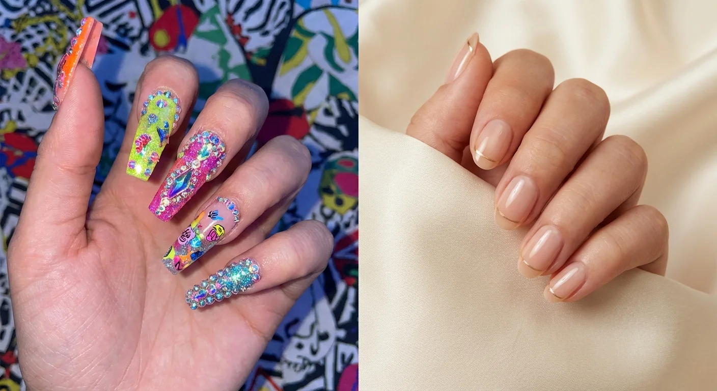 Comparație între manichiură supra-încărcată și stilul rafinat 'quiet luxury'.