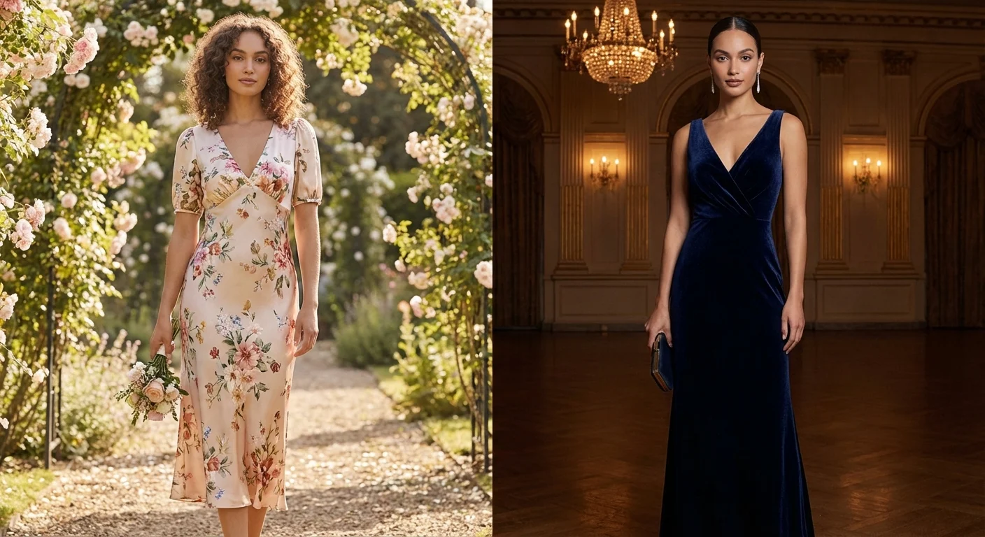 Comparație între o rochie de zi din mătase și o rochie de seară din catifea.