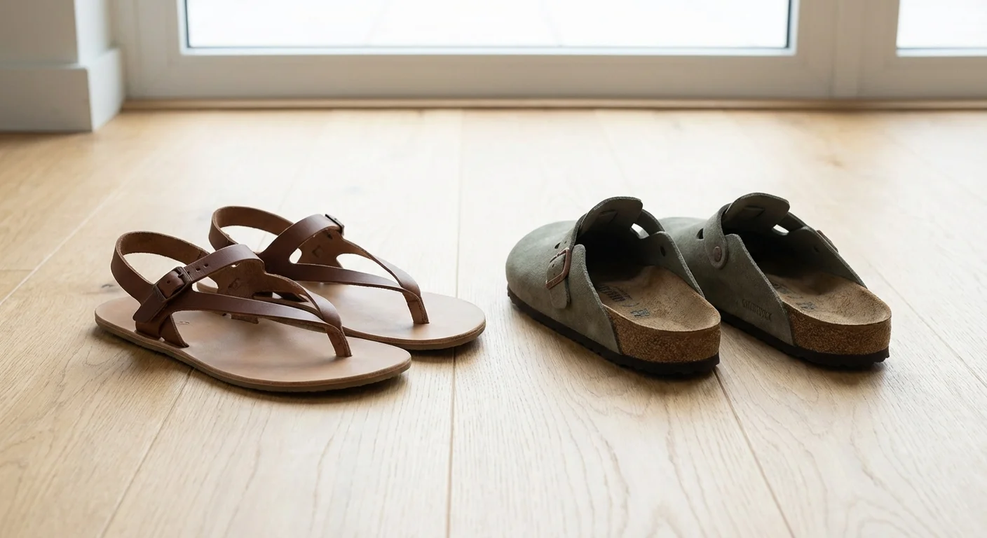 Comparație între pantofi barefoot și pantofi anatomici pe podea de lemn.