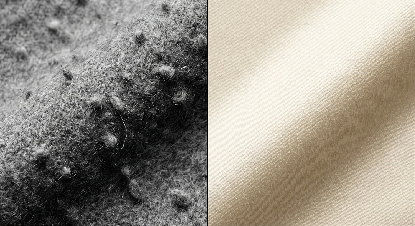Comparație între textura unui material scămoșat și bumbacul organic fin.