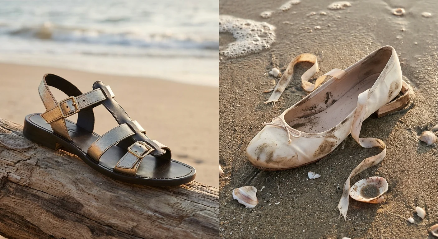 Comparație între texturi: sandale din piele rezistentă versus pantofi din satin pătați.