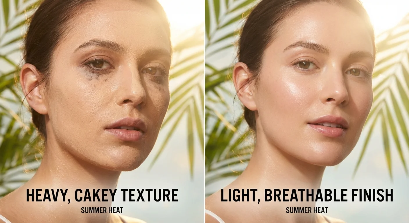 Comparație între un machiaj încărcat și unul natural, aerat, potrivit pentru vară.
