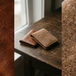 Comparativ între un portofel din piele cognac și unul din plută pe o masă de lemn.