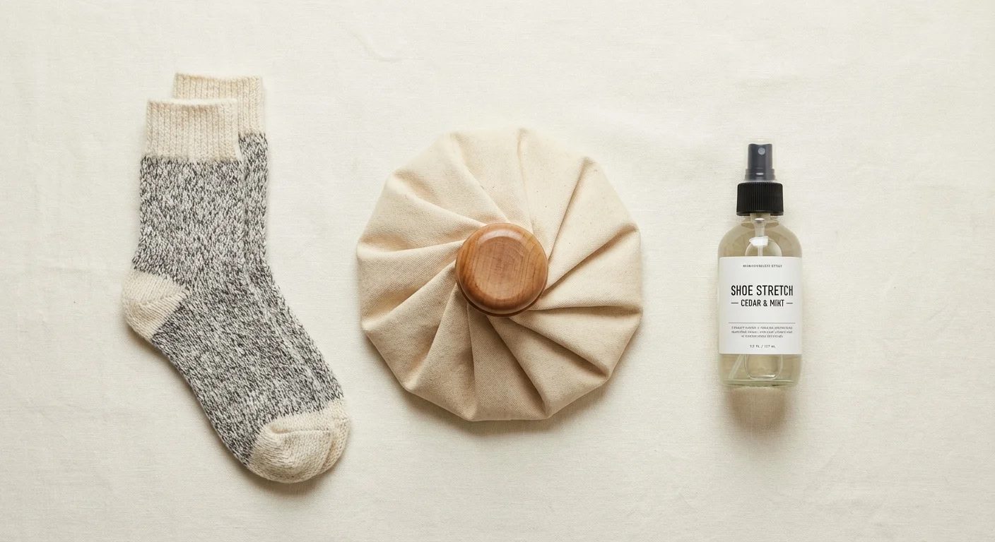 Compoziție flat lay cu diverse instrumente pentru lărgirea pantofilor.
