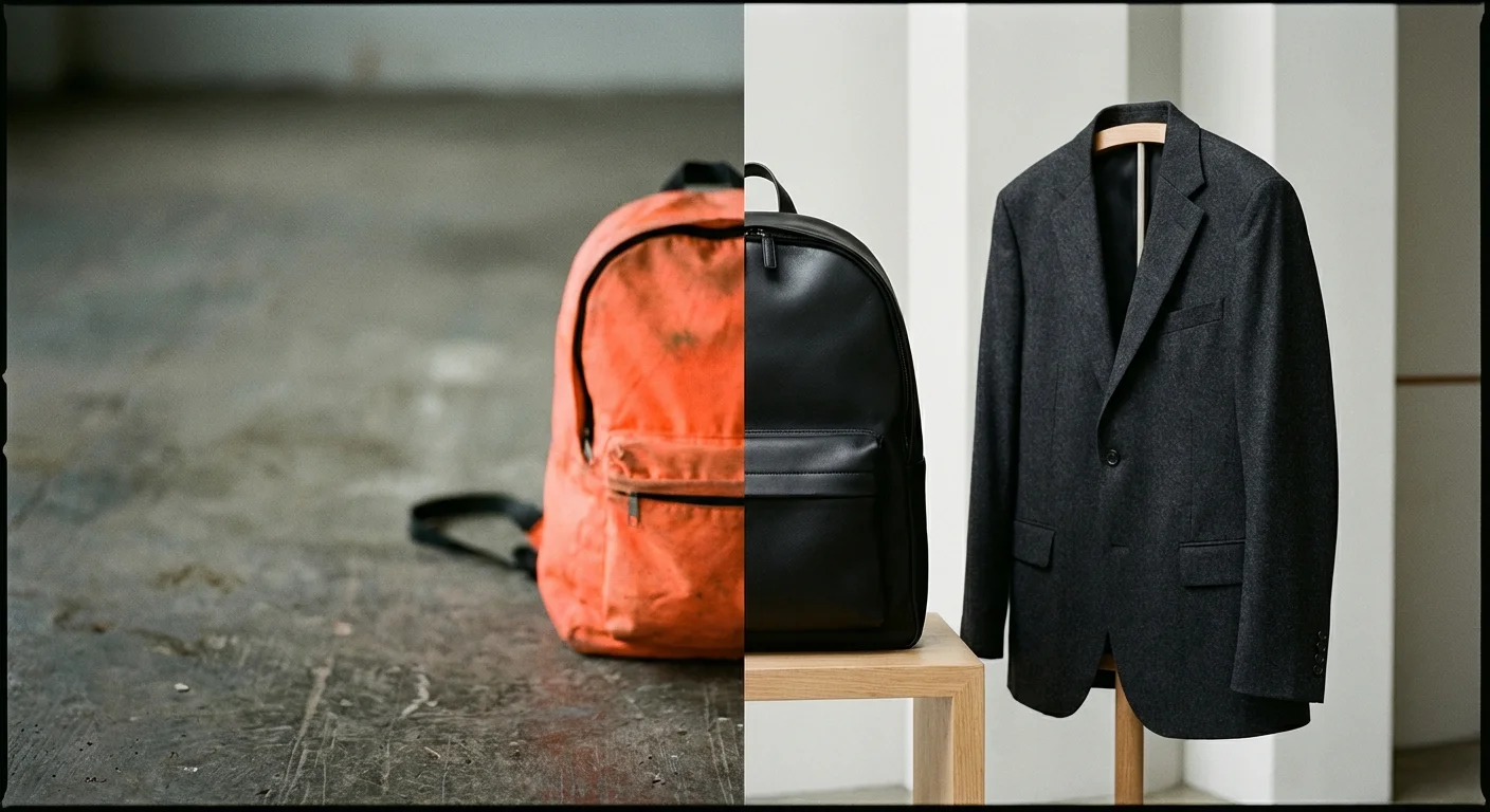 Contrast între un rucsac sportiv nepotrivit și unul elegant din piele.