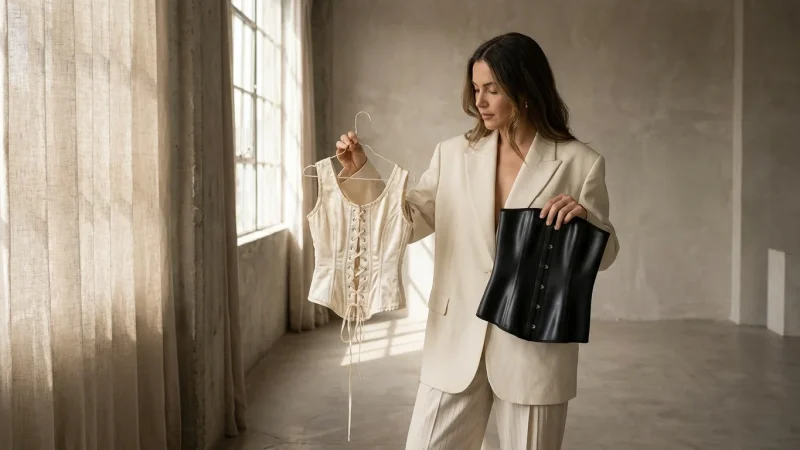 A woman comparing a traditional satin corset and a modern waist trainer in a bright studio.