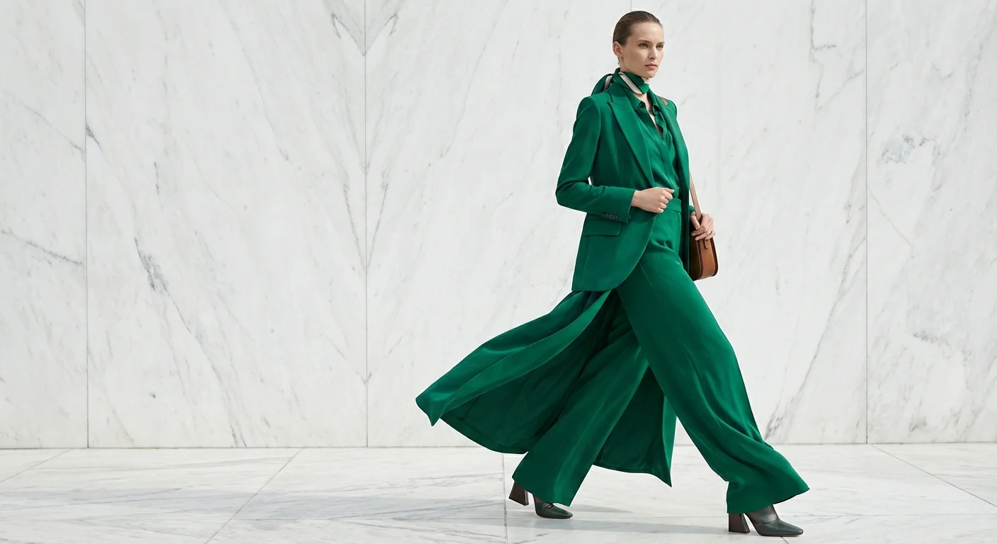 Costum de damă verde smarald cu pantaloni largi palazzo, tendințe modă 2026.