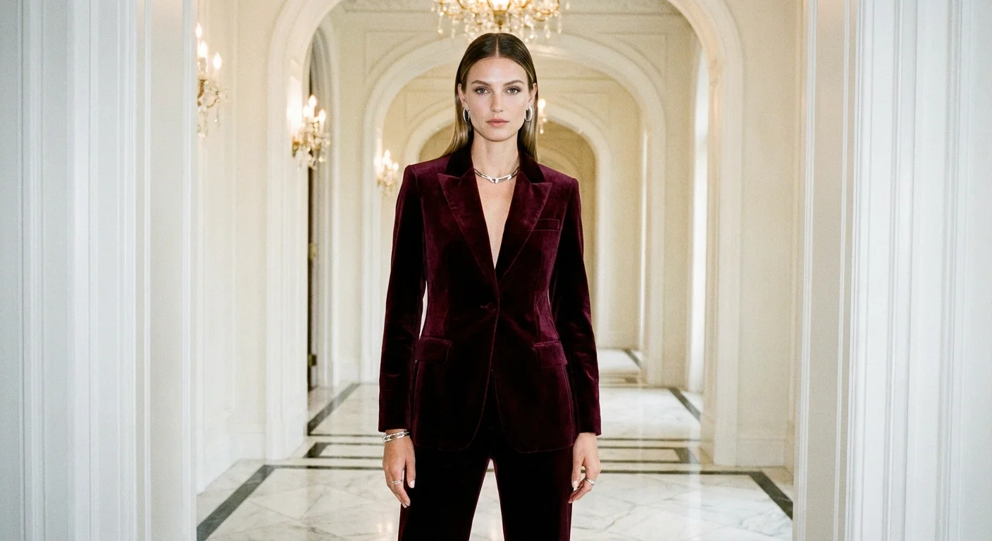 Costum elegant din catifea vișinie, o alegere sofisticată pentru evenimente de iarnă.